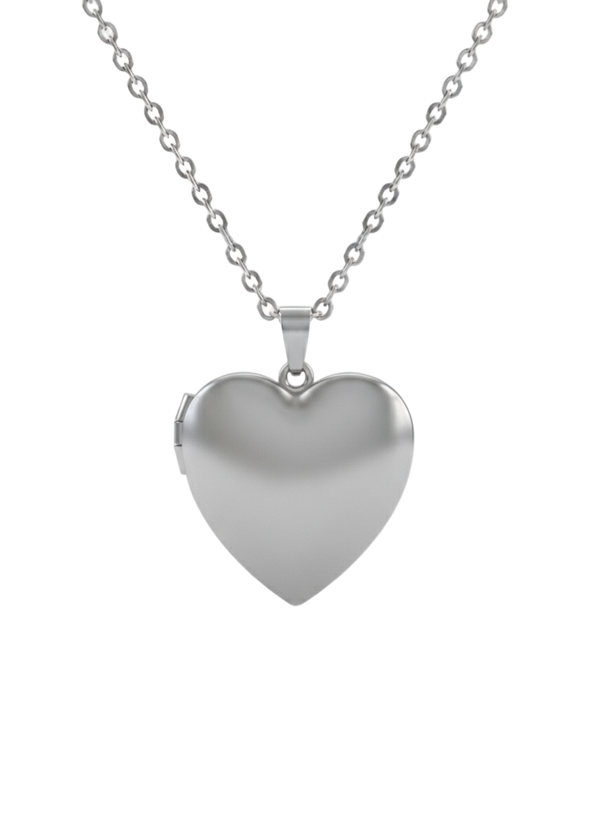Silver heart-shaped pendant on a chain against a white background