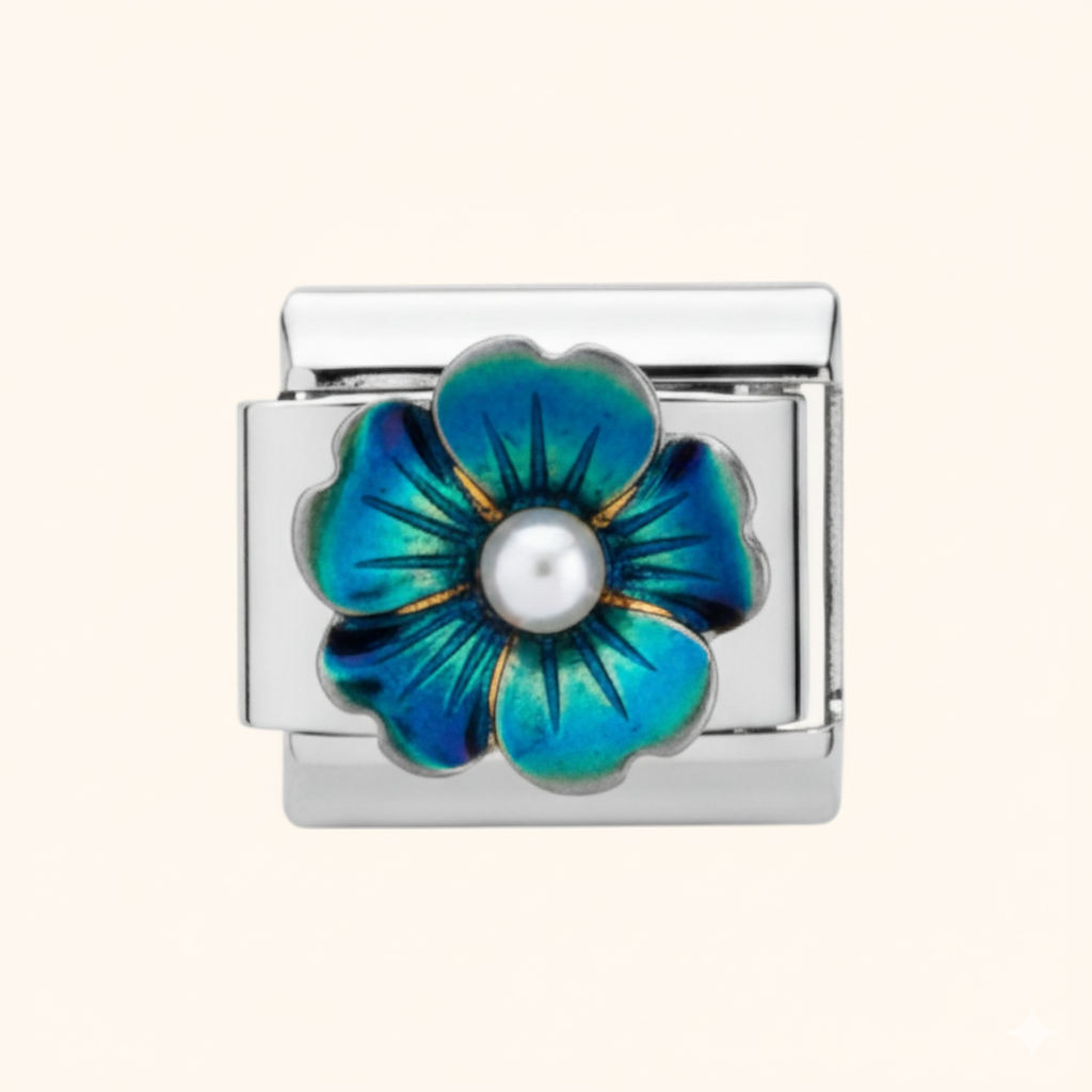 Peacock Pearl Petal Charm - Silver