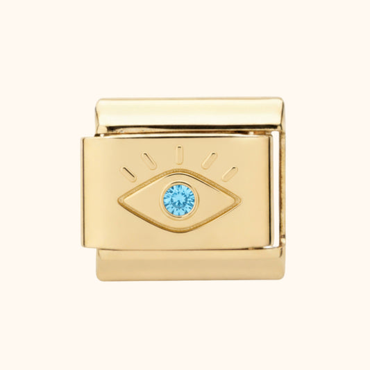 Aqua Crystal Evil Eye Charm – Gold