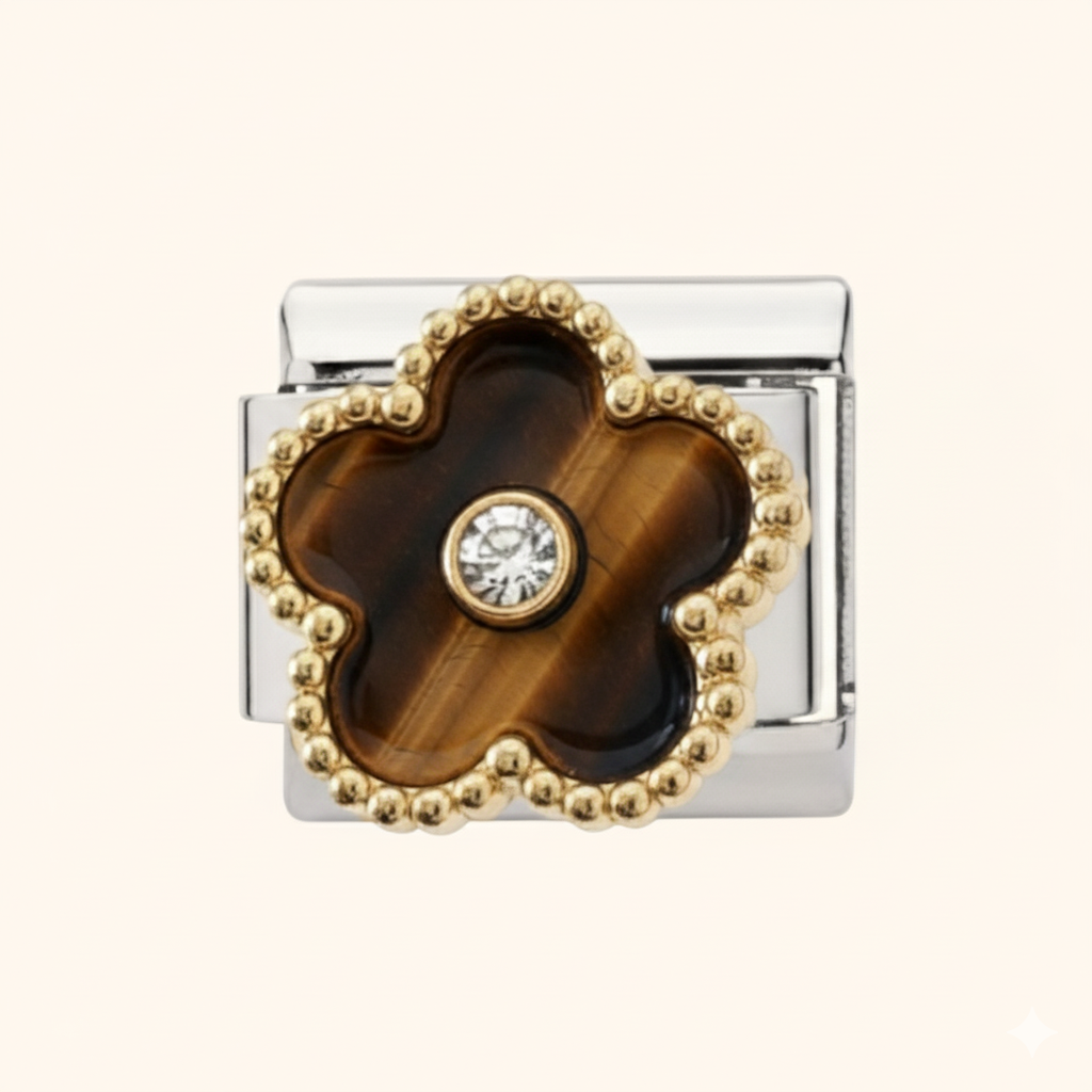 Tiger's Eye Clover Gold Italian Charm - Silver