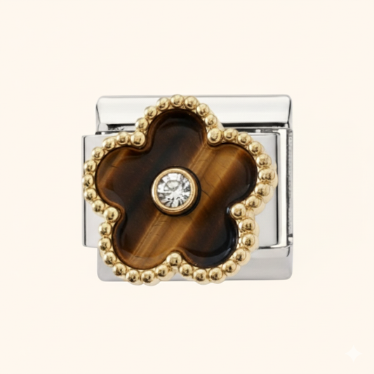 Tiger's Eye Clover Gold Italian Charm - Silver