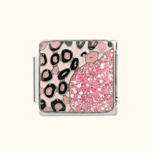 Pink Leopard Print & Glitter Charm - Silver