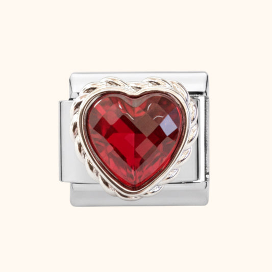 Red Gem Heart Charm - Silver