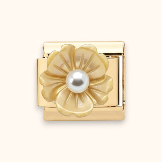 Gold Italian charm with champagne 3D blossom and pearl centre.